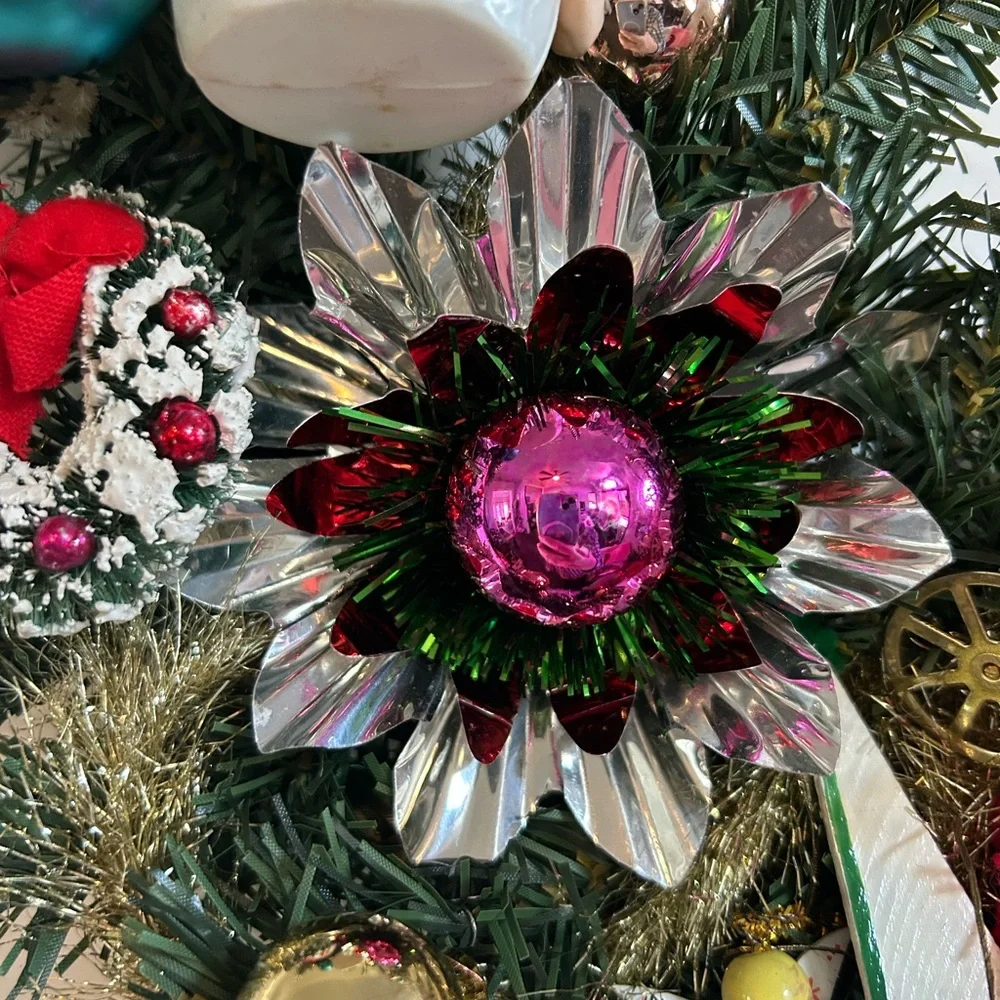 Vintage repurposed Festive Holiday Wreath with Red Bow - Picture 9 of 14